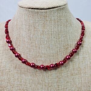 Vintage Necklace 18 Inch Red Glass Bead